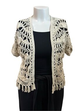 Cato Neutral Crochet Fringe Open Cardigan